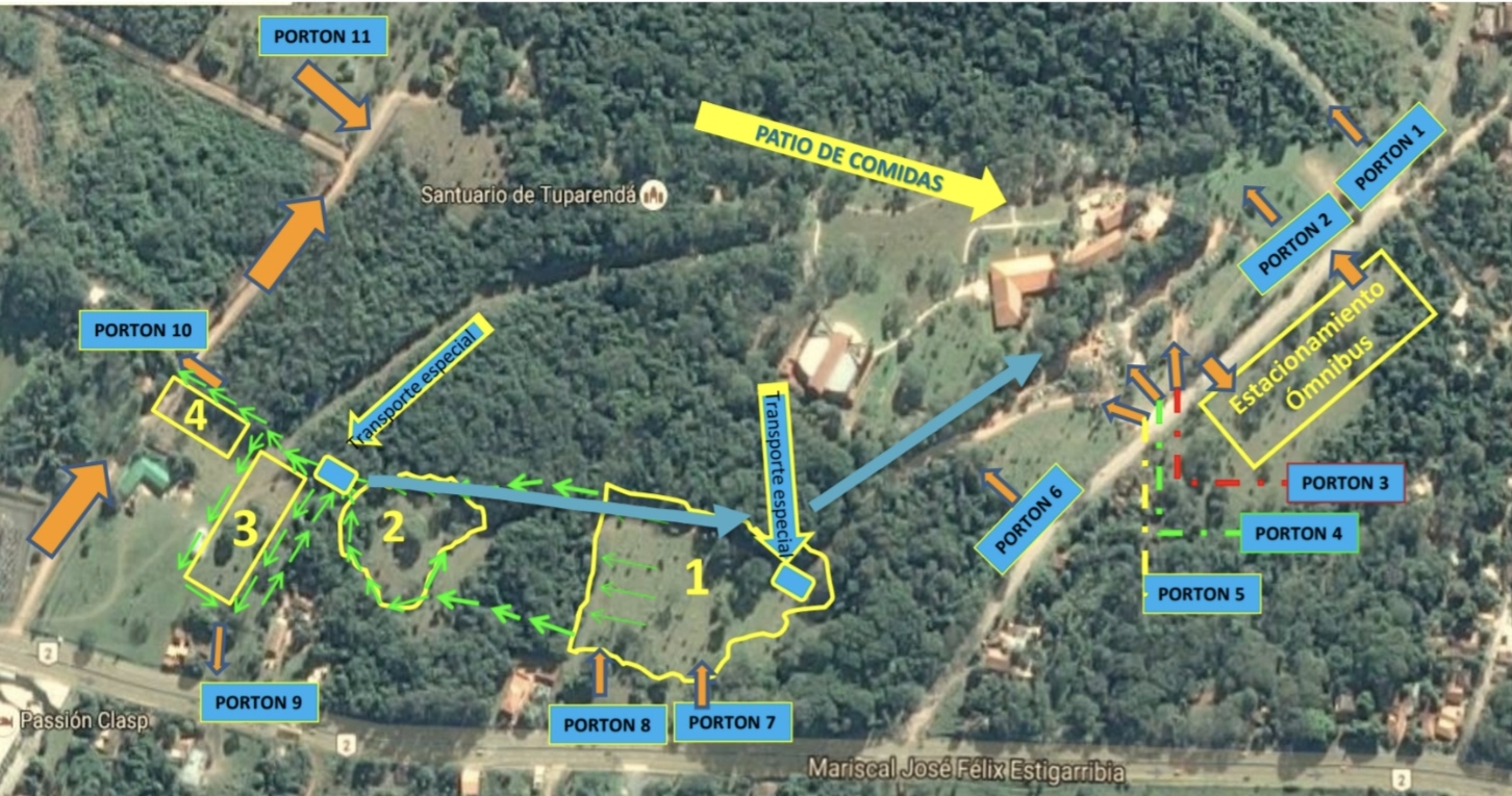 Mapa esquemático del predio de Tupãrenda con la ubicación de los portones 1 a 11